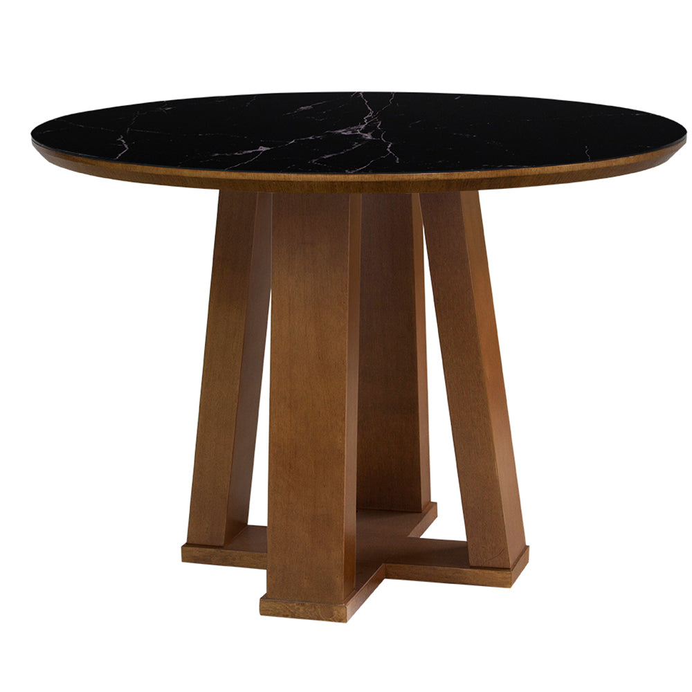 Mesa de Jantar Redonda Madalena Base X Amêndoa e Tampo Amêndoa Com Vidro Preto Marmorizado Sobreposto 110 cm, visto de lado