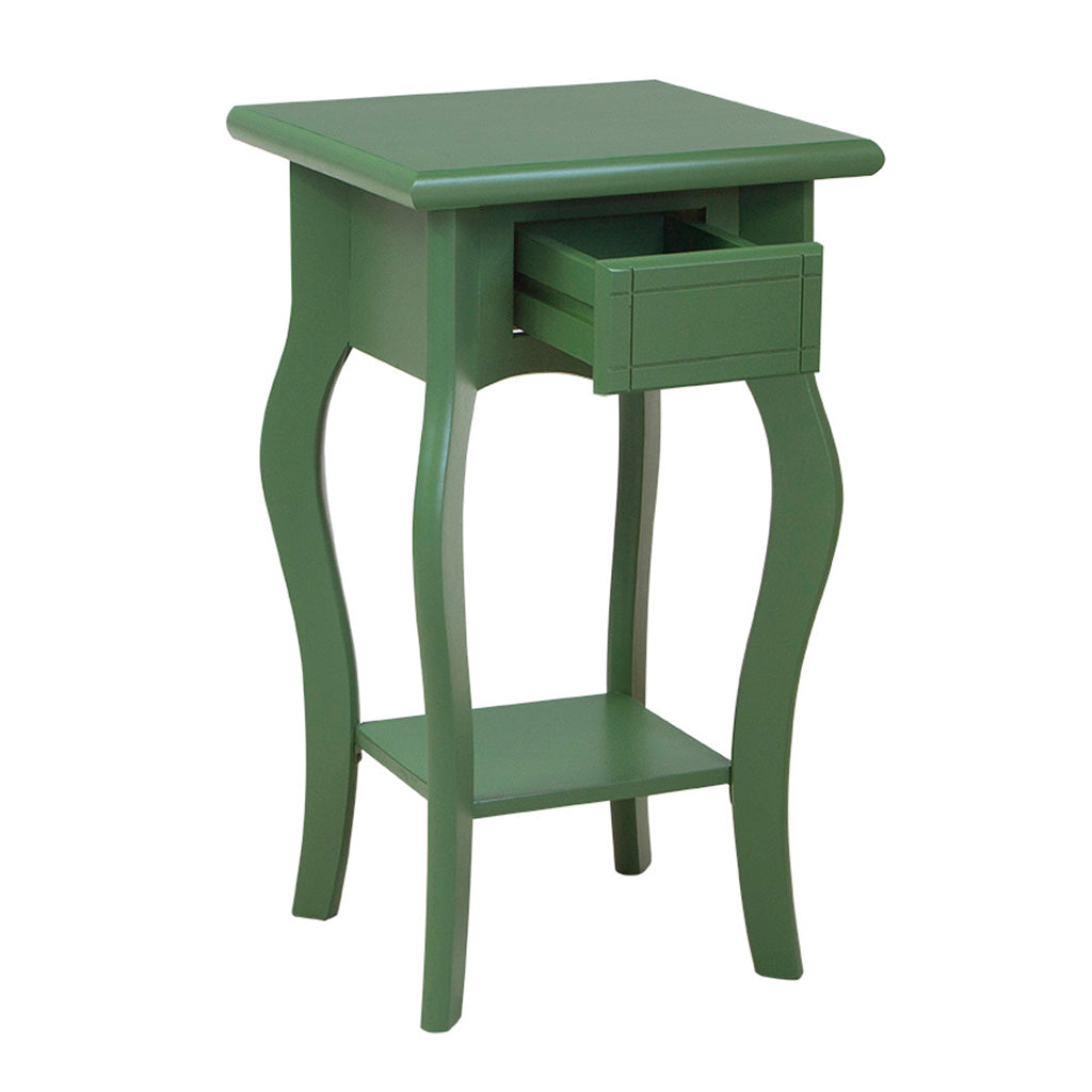 Mesa Lateral Em Madeira Boho Cor Verde, visto de lado e com sua gaveta aberta