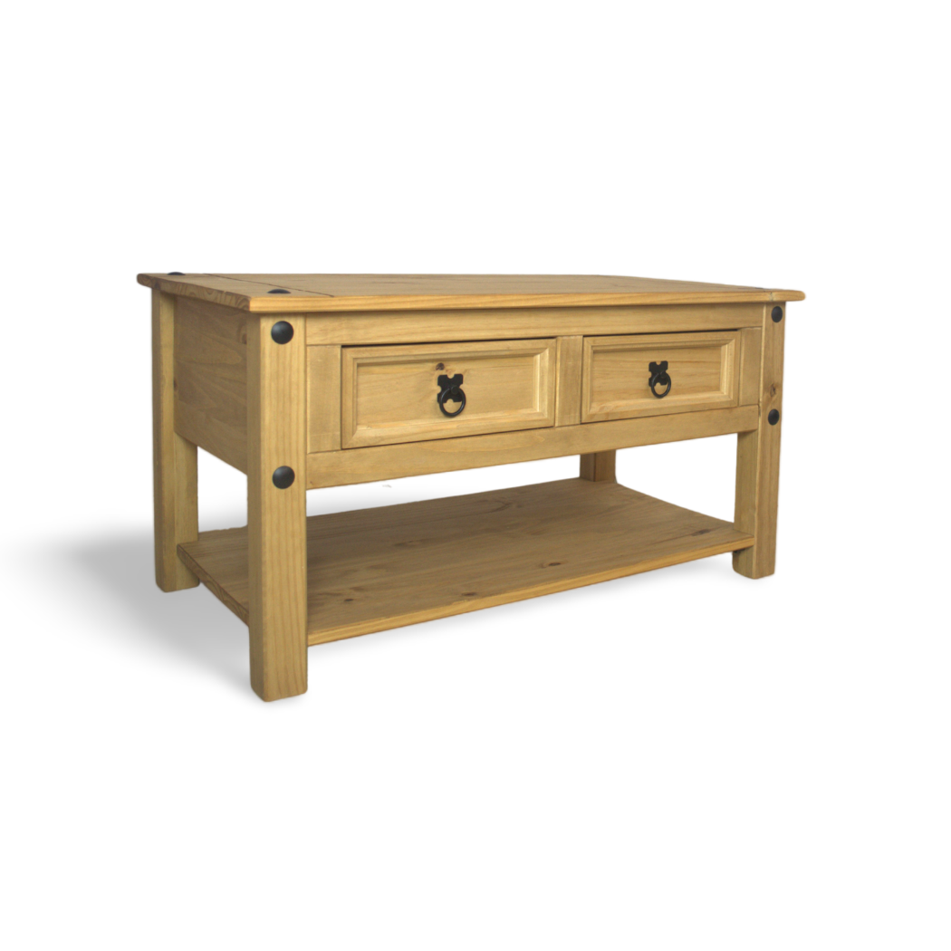 Mesa de Centro 2 Gavetas em Madeira Cor Cera Natural Boho