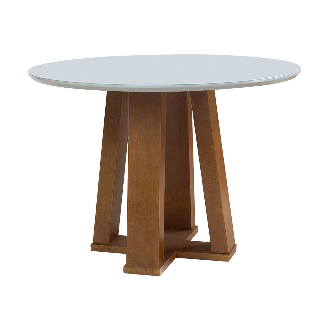 Mesa de jantar redonda adelia base x amêndoa e tampo fendi com vidro sobreposto 110 cm, visto de lado