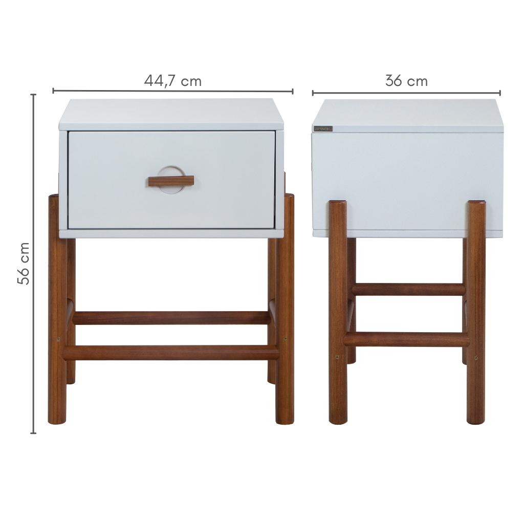 Mesa de cabeceira ring com gaveta, cor laca branca e com garapa natural, medidas A= 56 cm C=44,7 cm L=36 cm