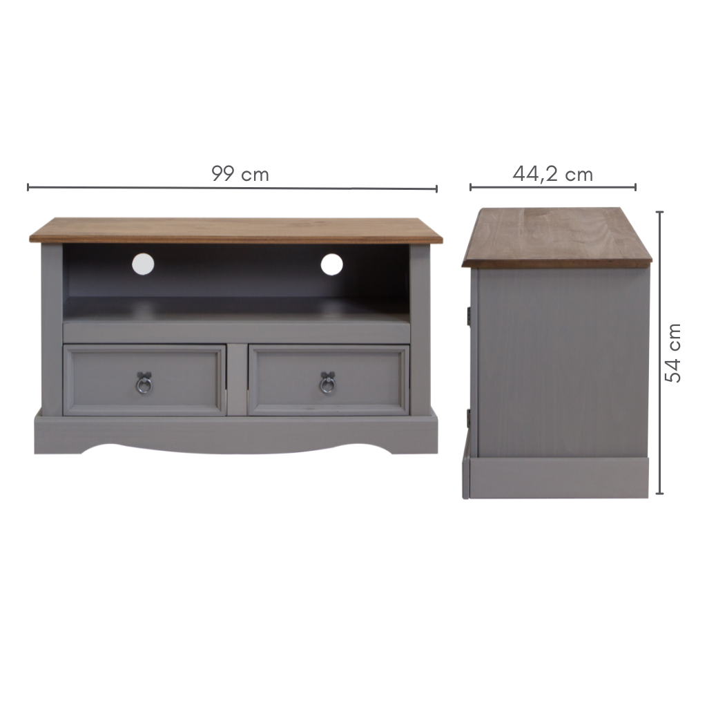 Rack em Madeira 2 Gavetas 1 Nicho Cor Cinza com Cera Natural Boho, medidas : A=54 cm C=99 cm L= 44,2 cm