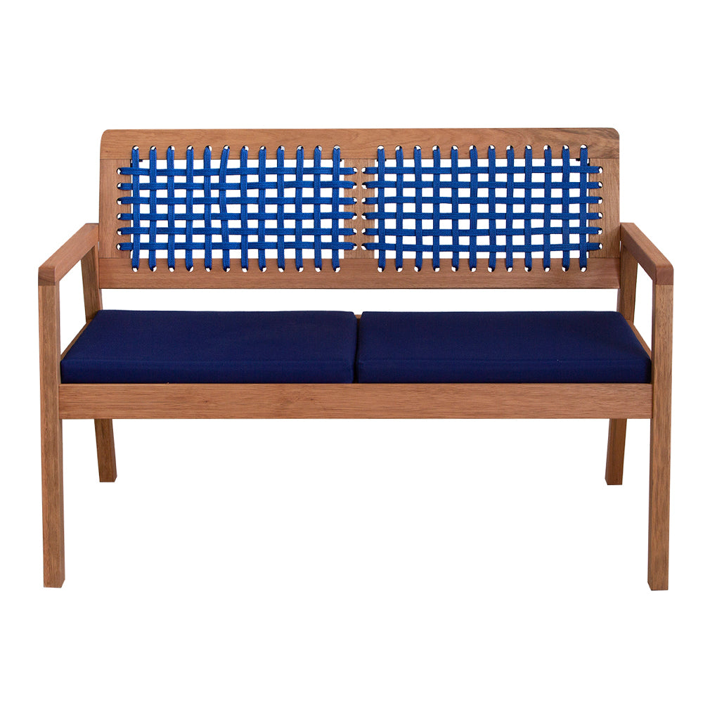 Sofá 2 Lugares Anice Em Madeira Com Corda Azul Tecido Azul Acquablock