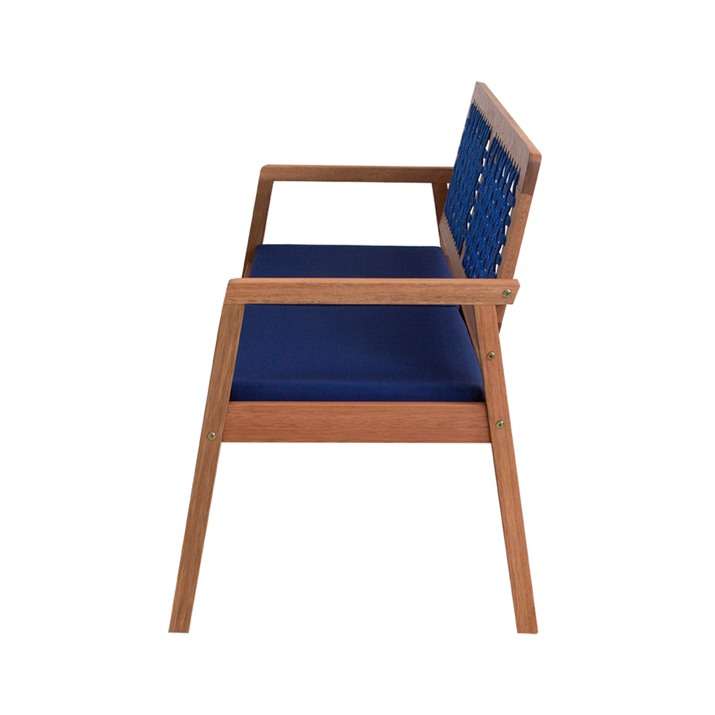 Sofá 2 Lugares Anice Em Madeira Com Corda Azul Tecido Azul Acquablock