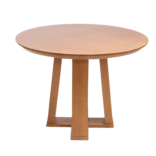 Mesa Redonda Rachel Base X e Tampo Amêndoa 110 cm + 4 Cadeiras Silvia Cor Imbuia com Trama Natural e Tecido Linho Conjunto