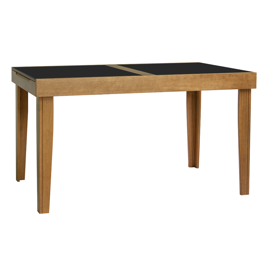 Mesa Extensível Estelita 4 e 6 Lugares Amêndoa com Tampo de Vidro Preto, visto de lado e com os tampos fechados