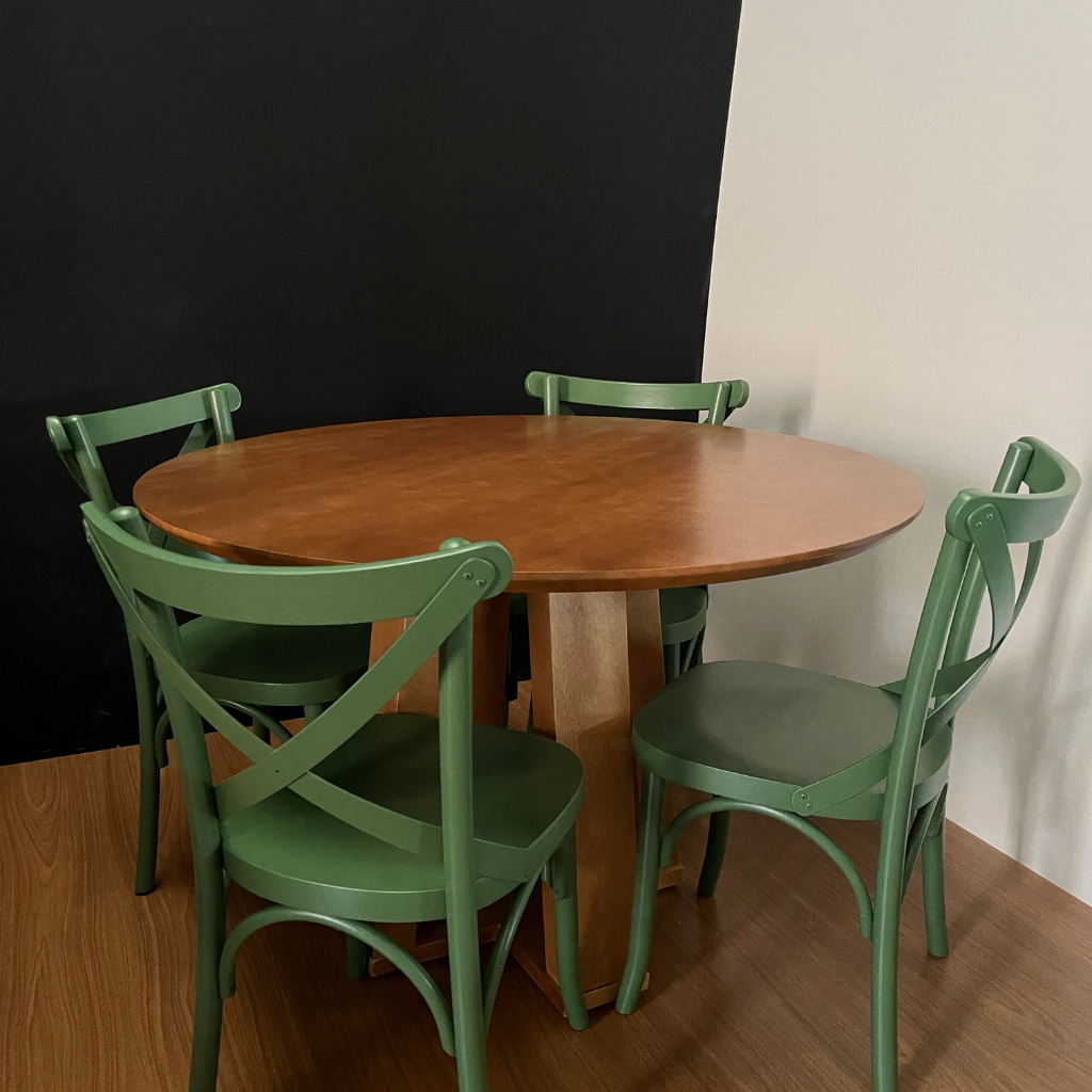 Mesa de Jantar Redonda Rachel Base X Amêndoa e Tampo Amêndoa 110 cm + 4 Cadeiras X Boho Cor Verde