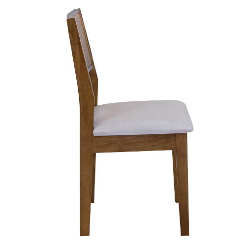 Mesa Redonda Rachel Base X e Tampo Amêndoa 110 cm + 4 Cadeiras Silvia Cor Imbuia com Trama Natural e Tecido Linho Conjunto