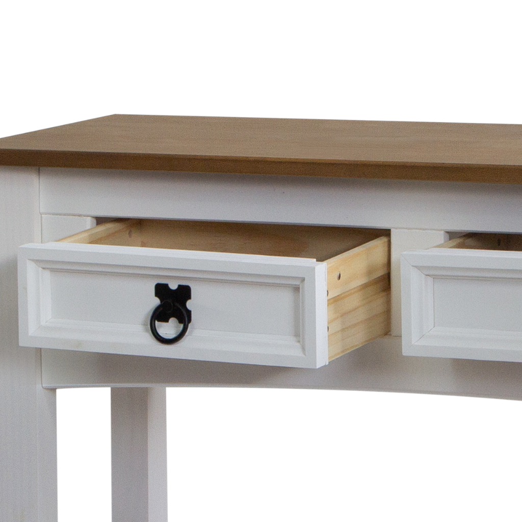 Aparador de lado com 2 gavetas abertas, com destaquesna gaveta, cor madeira natural