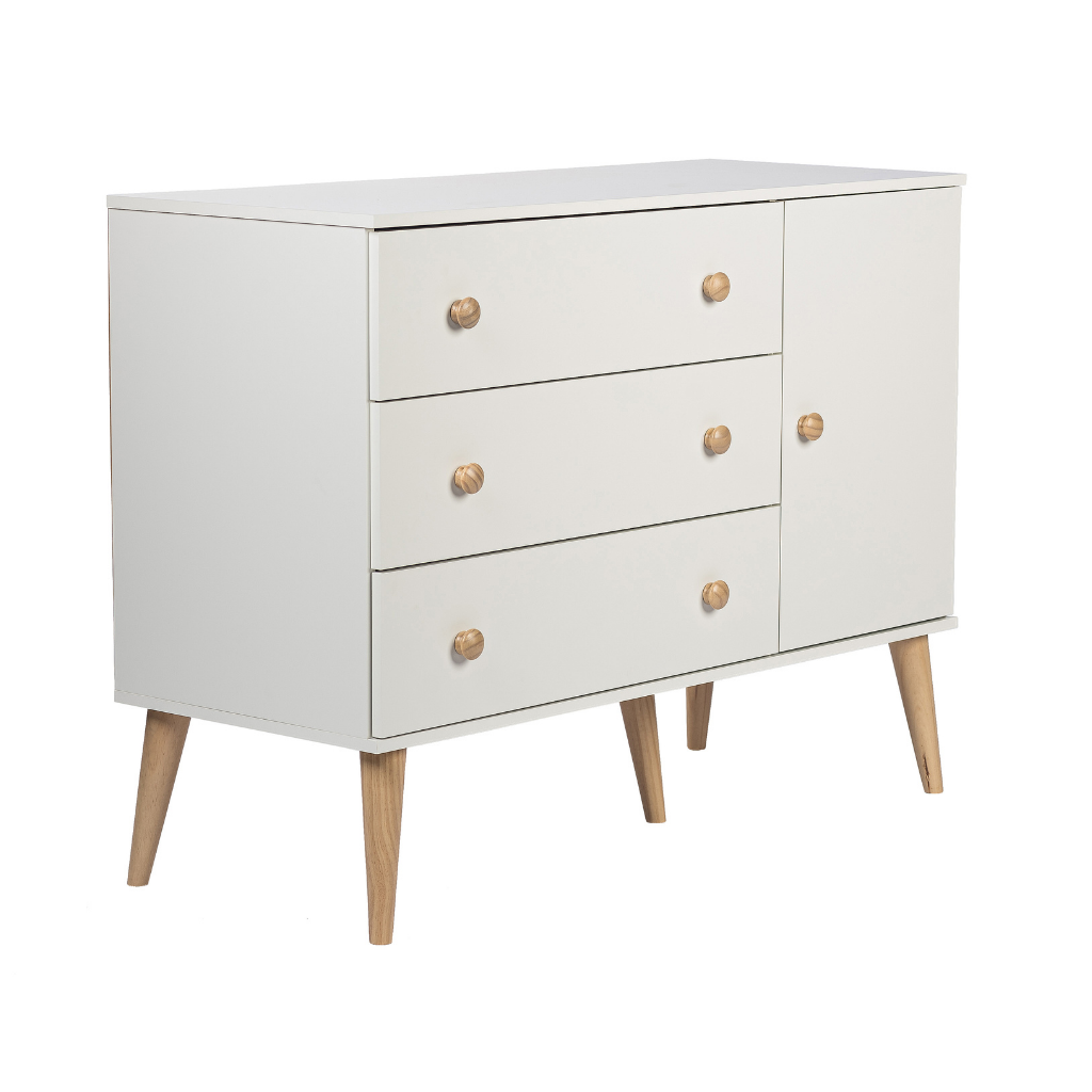 Conjunto Quarto Bebê: Berço 2 em 1 Retrô + Cômoda 3 Gav e 1 Porta Puxador Redondo