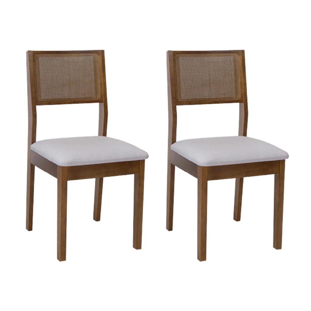 Mesa Redonda Rachel Base X e Tampo Amêndoa 110 cm + 4 Cadeiras Silvia Cor Imbuia com Trama Natural e Tecido Linho Conjunto
