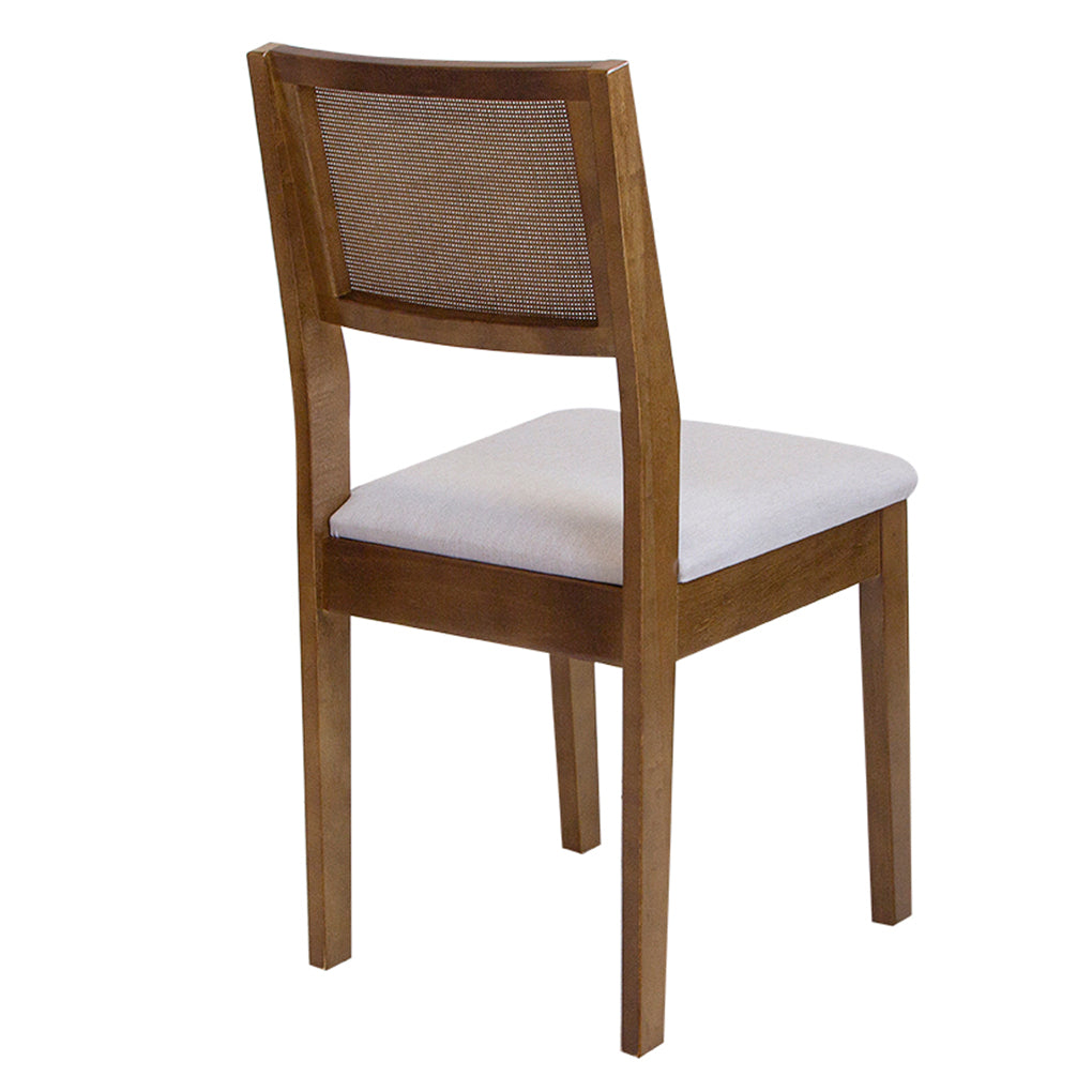 Mesa Redonda Rachel Base X e Tampo Amêndoa 110 cm + 4 Cadeiras Silvia Cor Imbuia com Trama Natural e Tecido Linho Conjunto