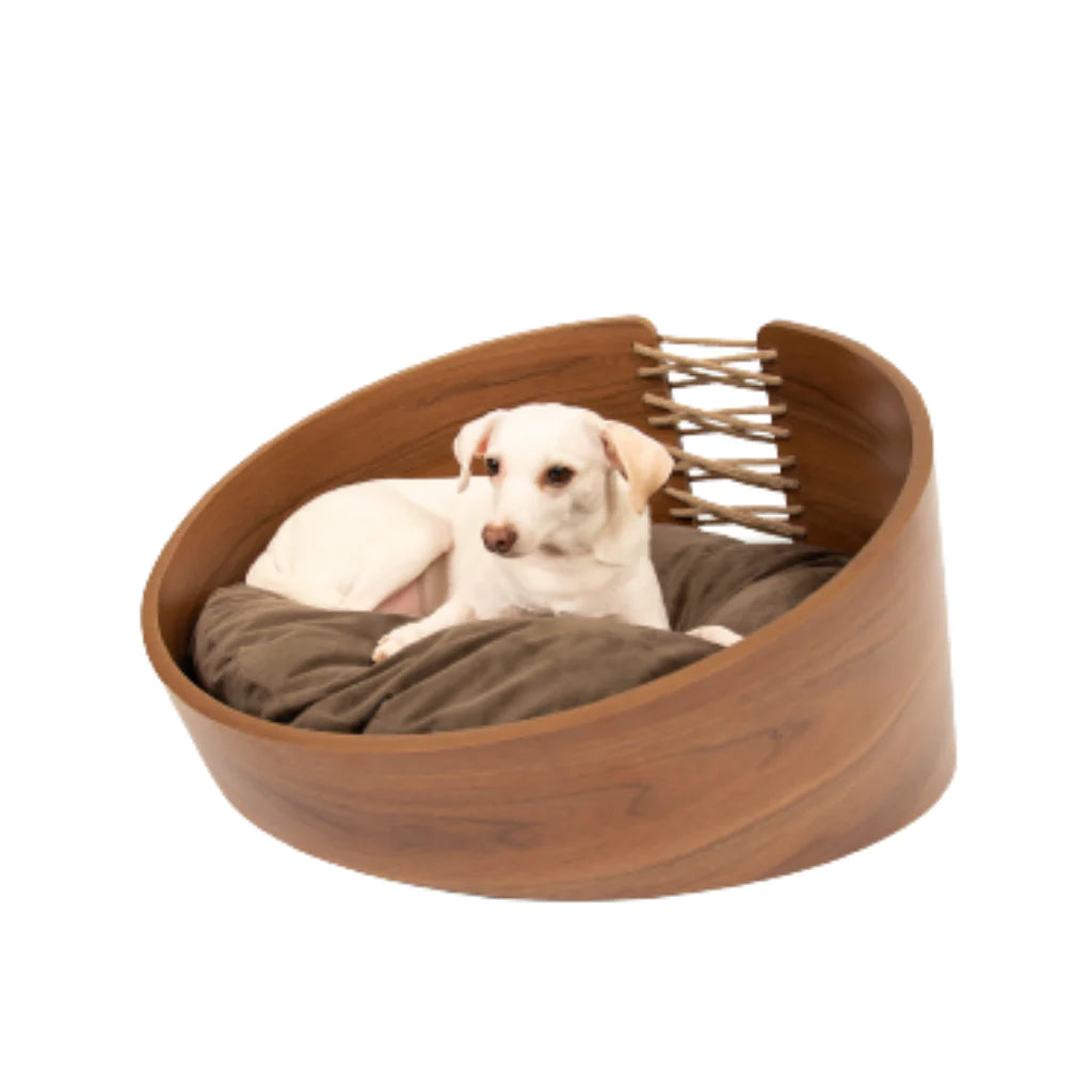 Cama Pet Médio Porte cor Nogueira Hades Veludo Claro + Tratador Pet Teseu Grande