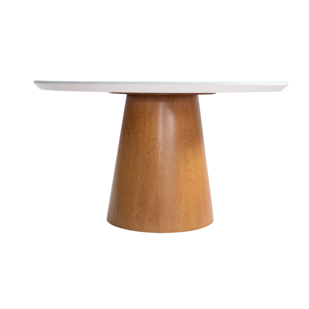 Mesa de Jantar Redonda Nice Base Cone Amêndoa e Tampo Branco 140 cm, de frente