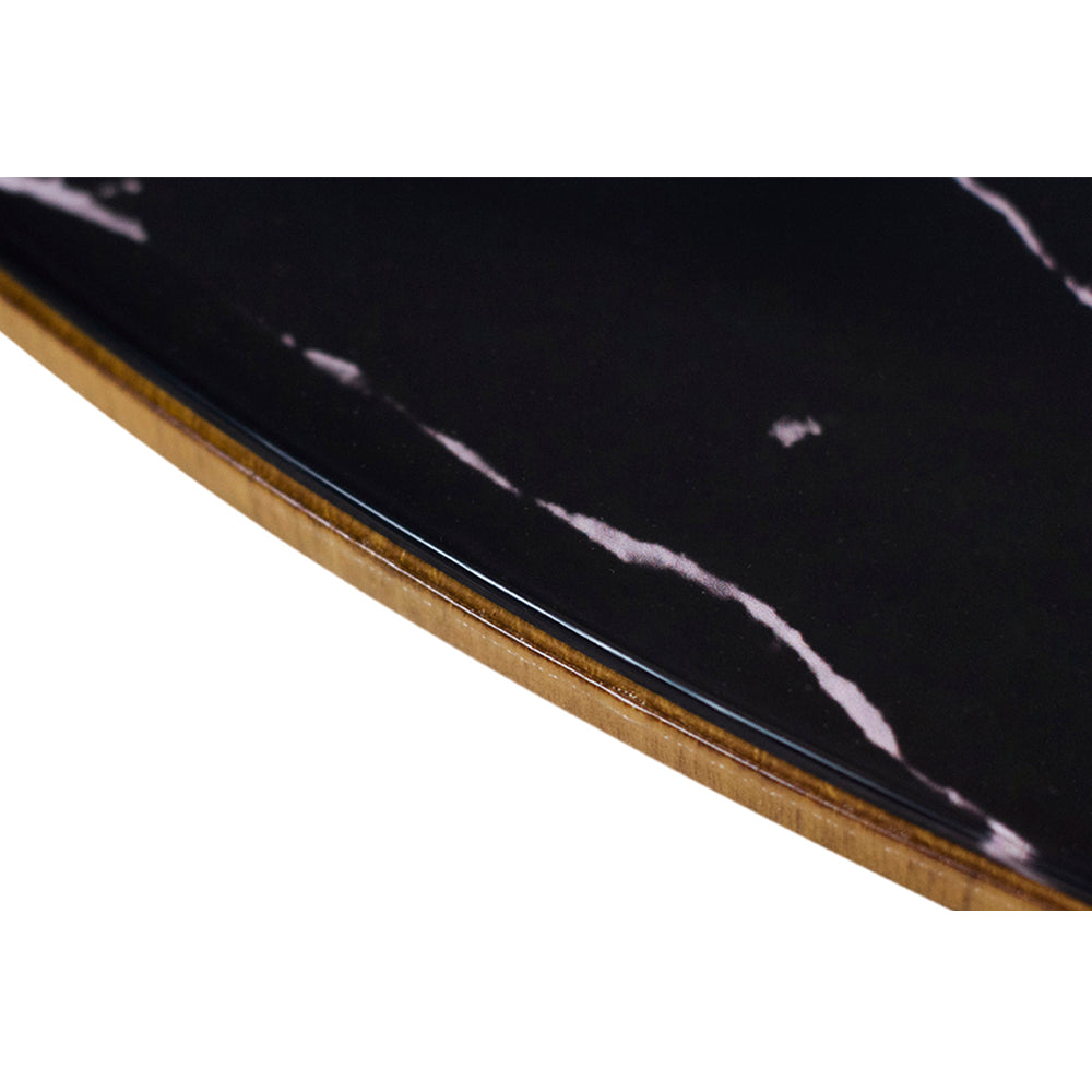 mesa de jantar redonda cecília base e tampo amêndoa com vidro preto marmorizado sobreposto 110 cm, destacando as bordas