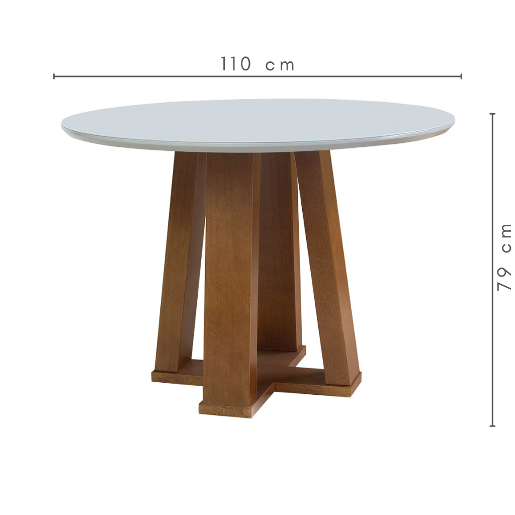 Mesa de Jantar Redonda Adelia Base X Amêndoa e Tampo Fendi Com Vidro Sobreposto 110 cm