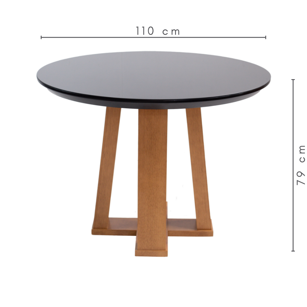 Mesa de Jantar Redonda Catarina Base X Amêndoa e Tampo Preto com Vidro Sobreposto Preto 110 cm