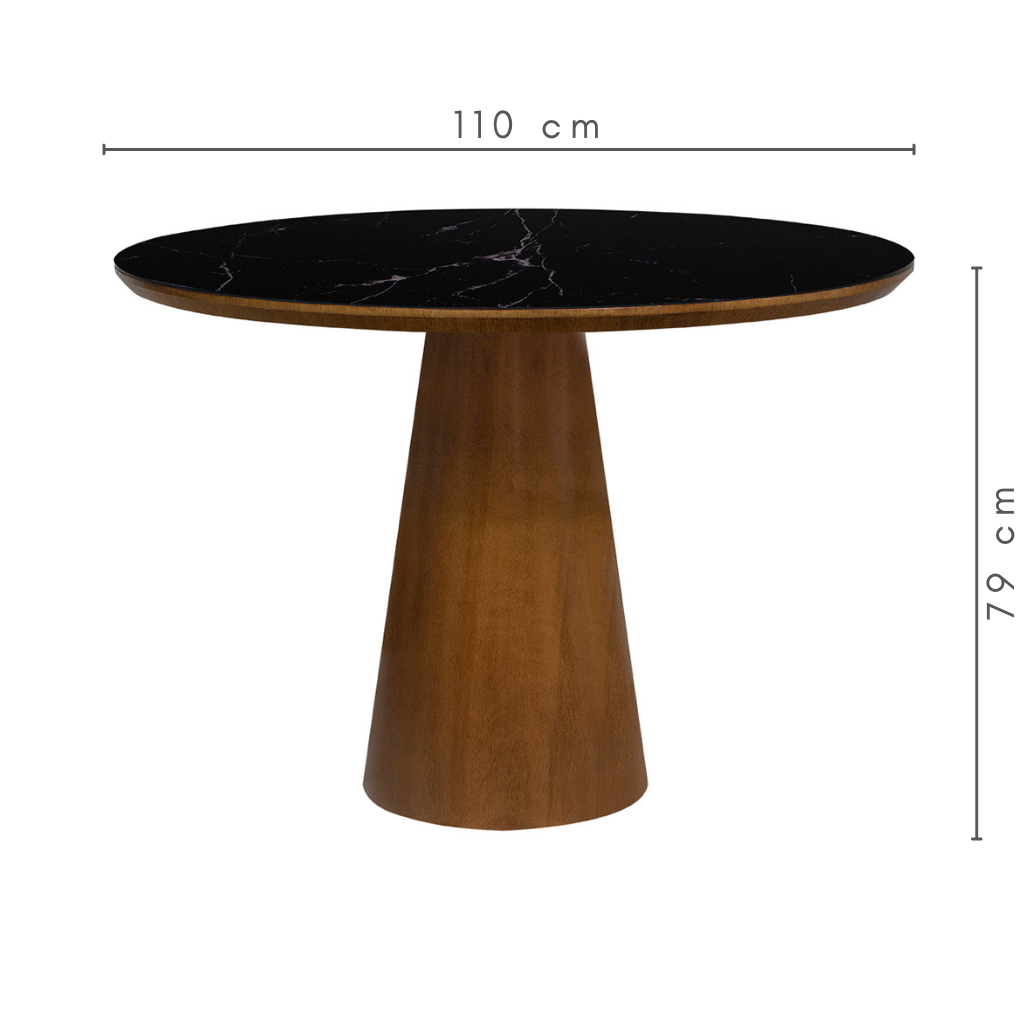 Mesa de Jantar Redonda Cecília Base e Tampo Amêndoa Com Vidro Preto Marmorizado Sobreposto 110 cm