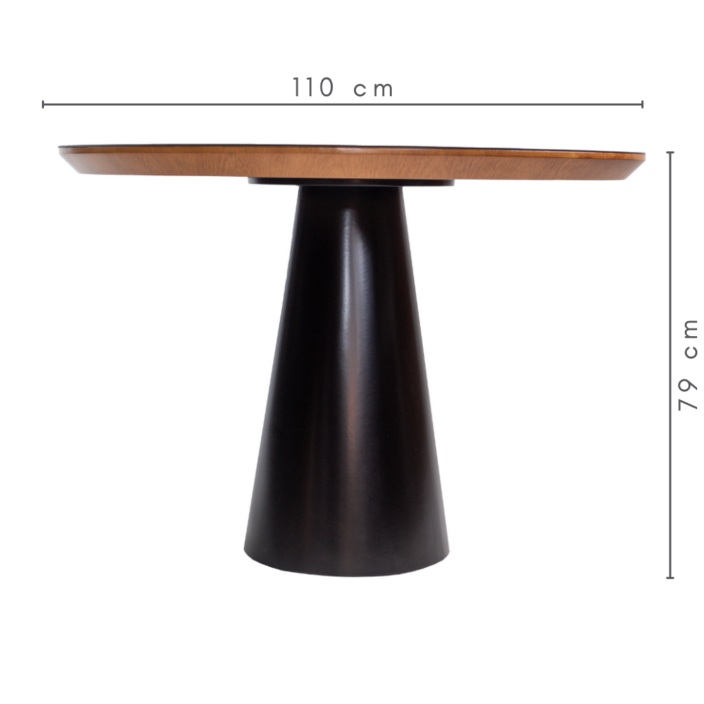 Mesa de Jantar Redonda Charlotte Base Cone Preto e Tampo Amêndoa e Vidro Preto 110 cm