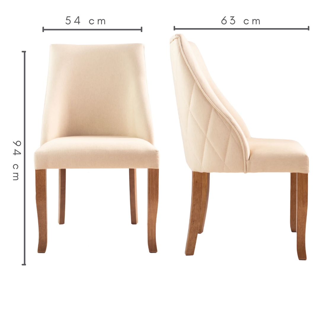 conjunto 2 cadeiras estofado linho claro com matelassê cor castanho, medidas A=94 cm C=54 cm L=63 cm