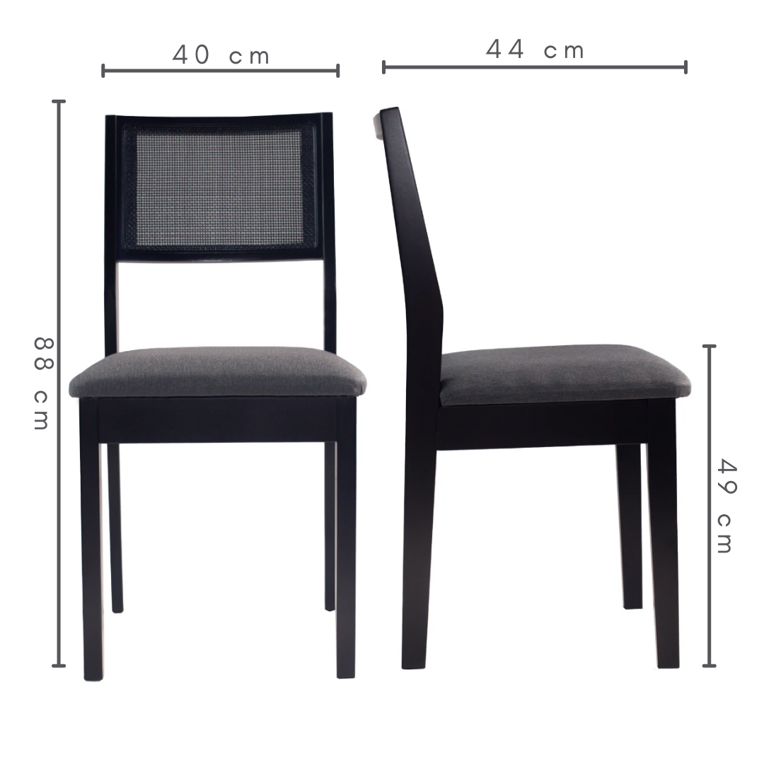 conjunto de 2 cadeiras em madeira com trama natural e estofado silvia cor preto, tecido linho escuro, medidas     altura total=88 cm       altura do assento ao chão= 49 cm       C=40 cm    L=44cm