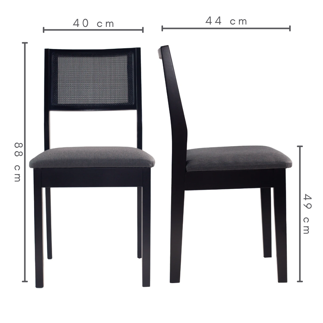 conjunto de 2 cadeiras em madeira com trama natural e estofado silvia cor preto, tecido linho escuro, medidas altura total=88 cm altura do assento ao chão= 49 cm C=40 cm L=44cm