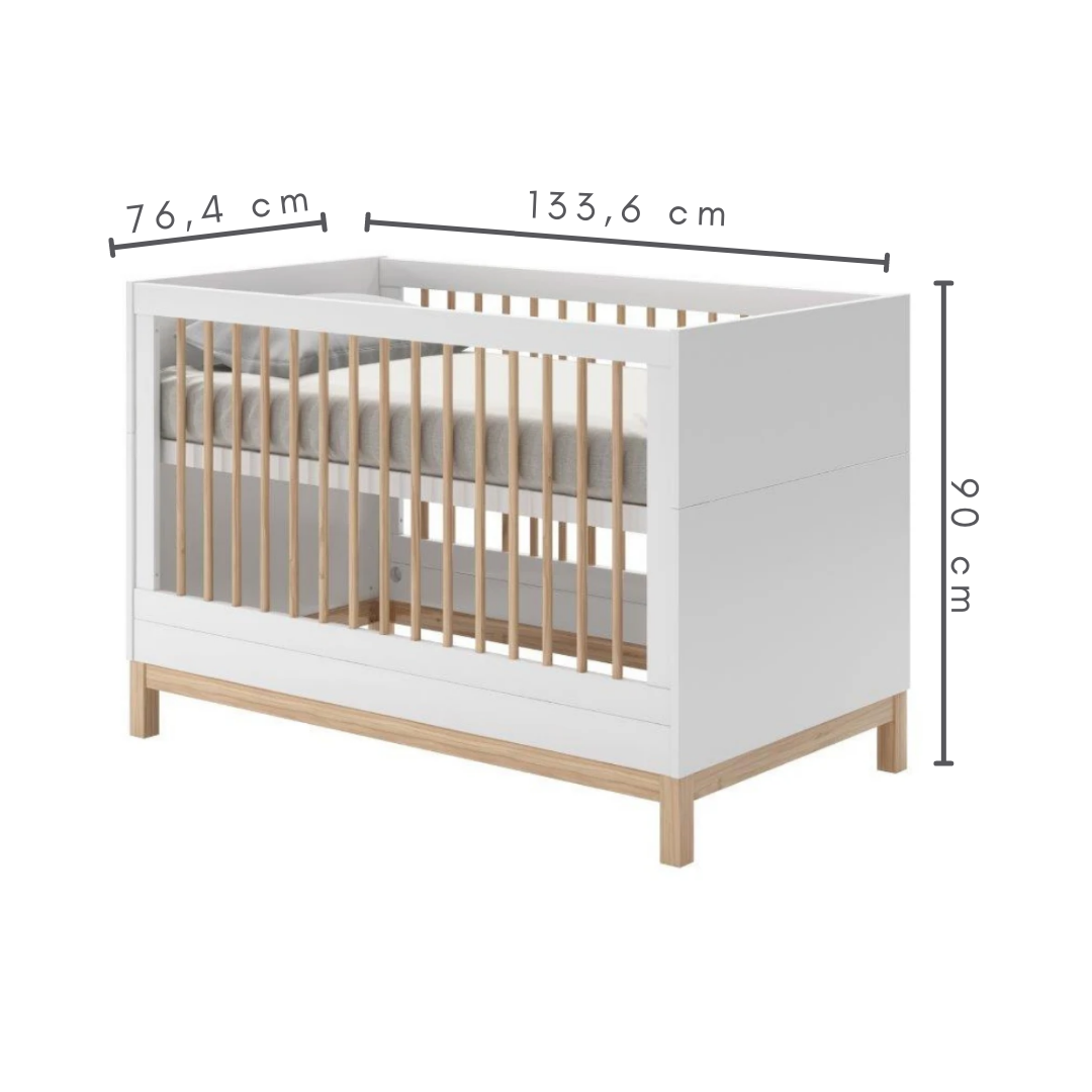 berço 2 em 1, cor branco e carvalho, A= 90 cm L=76,4 cm C=133,6 cm