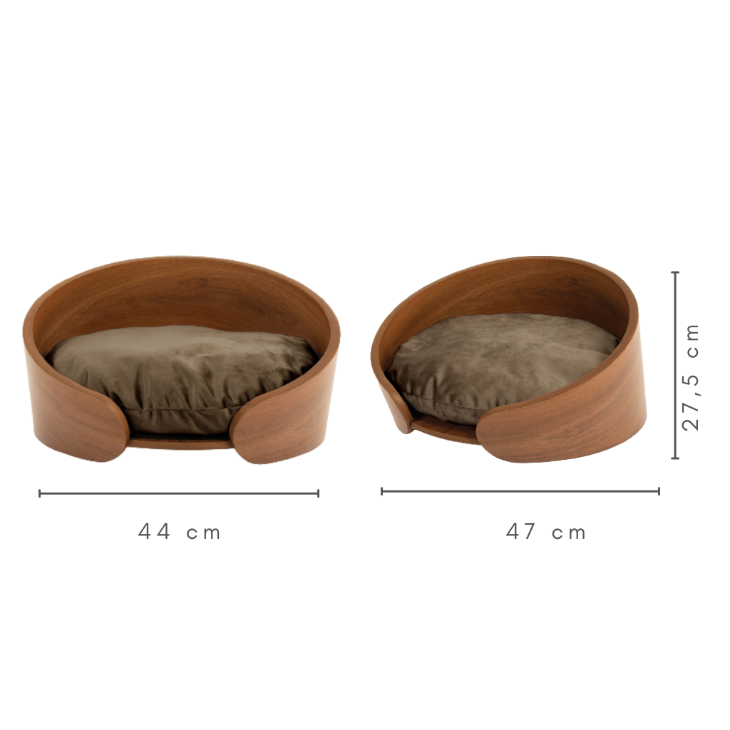 cama pet pequeno porte cor nogueira eros veludo claro, medidas A=27,5 cm C=44 cm L=47 cm