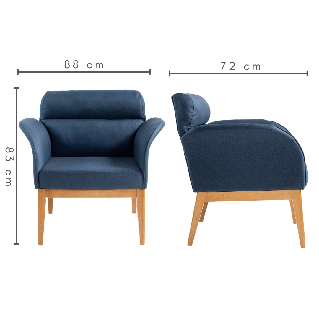 Poltrona Fixa Estofada Lip Tecido Linho Azul, medidas: A=83 cm C=88 cm L=72 cm