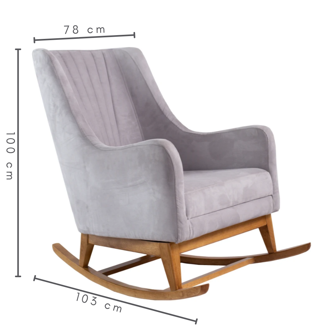 Cadeira de amamentação balanço cor amêndoa com tecido cinza, medidas A=100 cm C= 78 cm L=103 cm