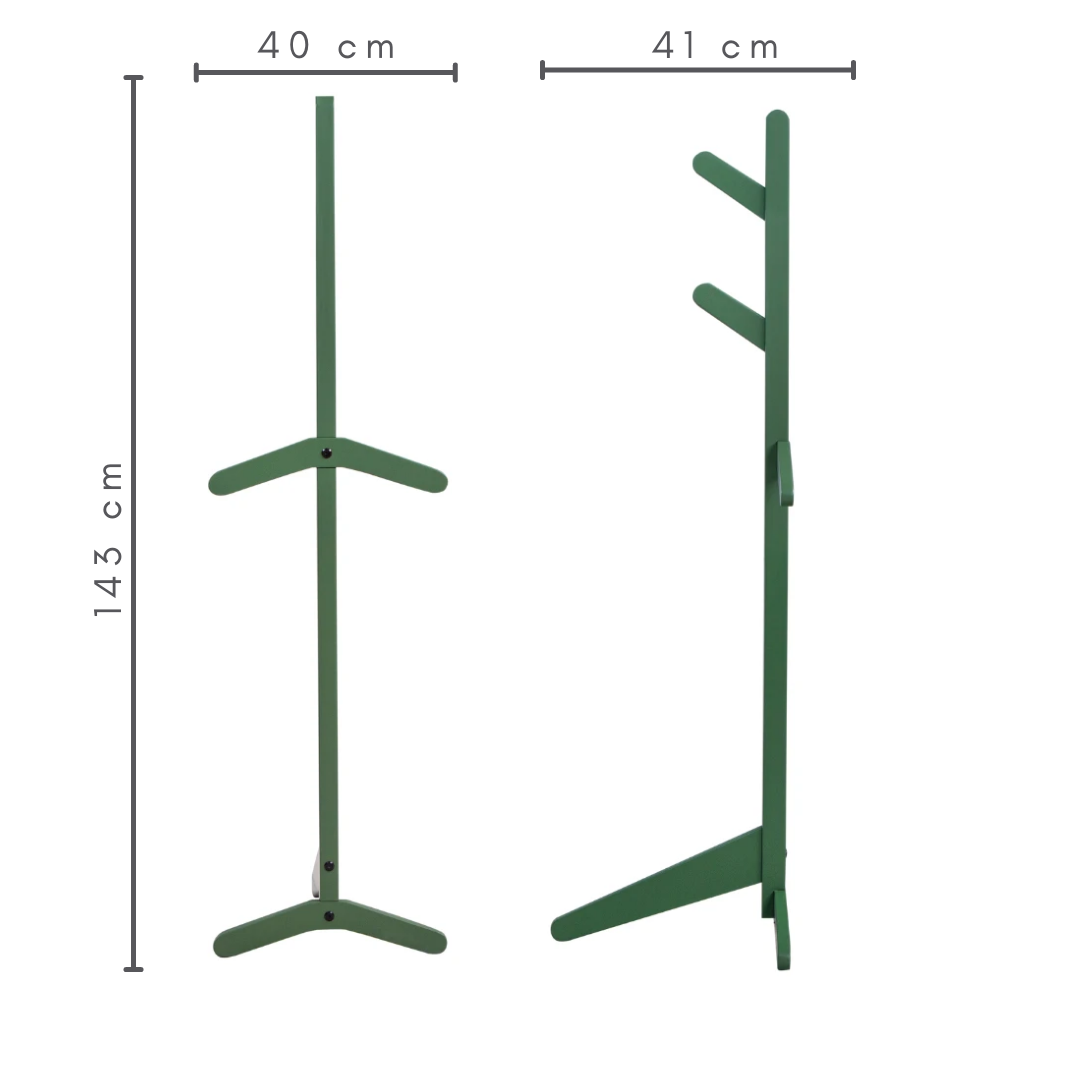 Cabideiro de madeira cor verde, pés canto moeda, medidas L=41 cm C= 40 cm A=143 cm
