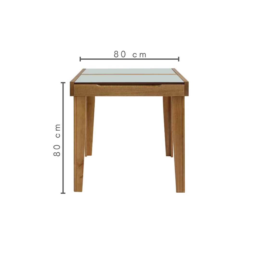 Mesa Extensível Ester 6 e 8 Lugares Amêndoa com Tampo de Vidro Fendi, medidas:    A=80 cm    L=80 cm