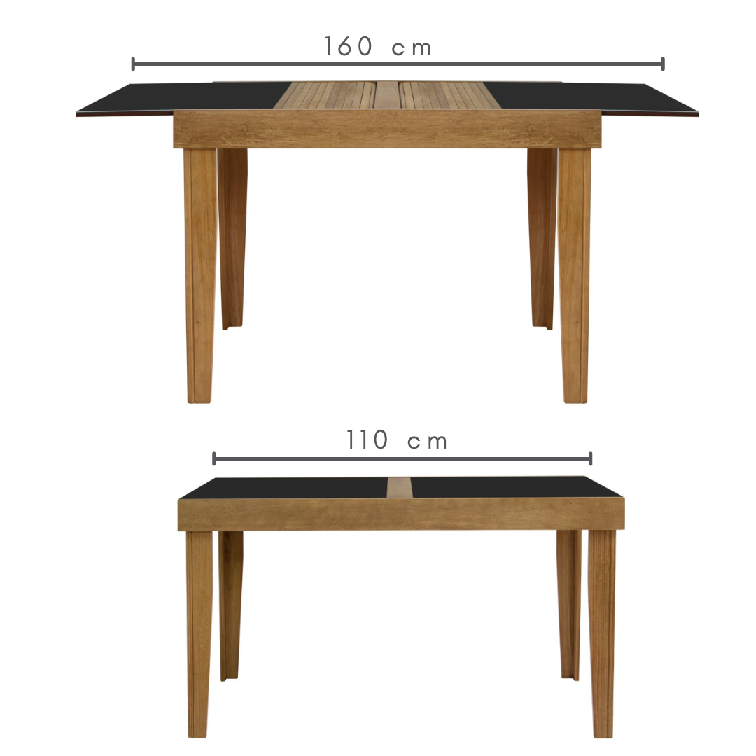 Mesa Extensível Estelita 4 e 6 Lugares Amêndoa com Tampo de Vidro Preto, medidas do tampo: Aberto= 160 cm Fechado=110 cm