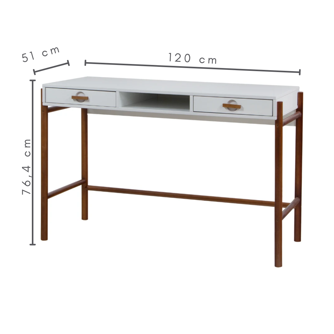 escrivaninha 2 gavetas ring cor laca branca com garapa natural, medidas A=76,4 cm C=120 cm L=51 cm