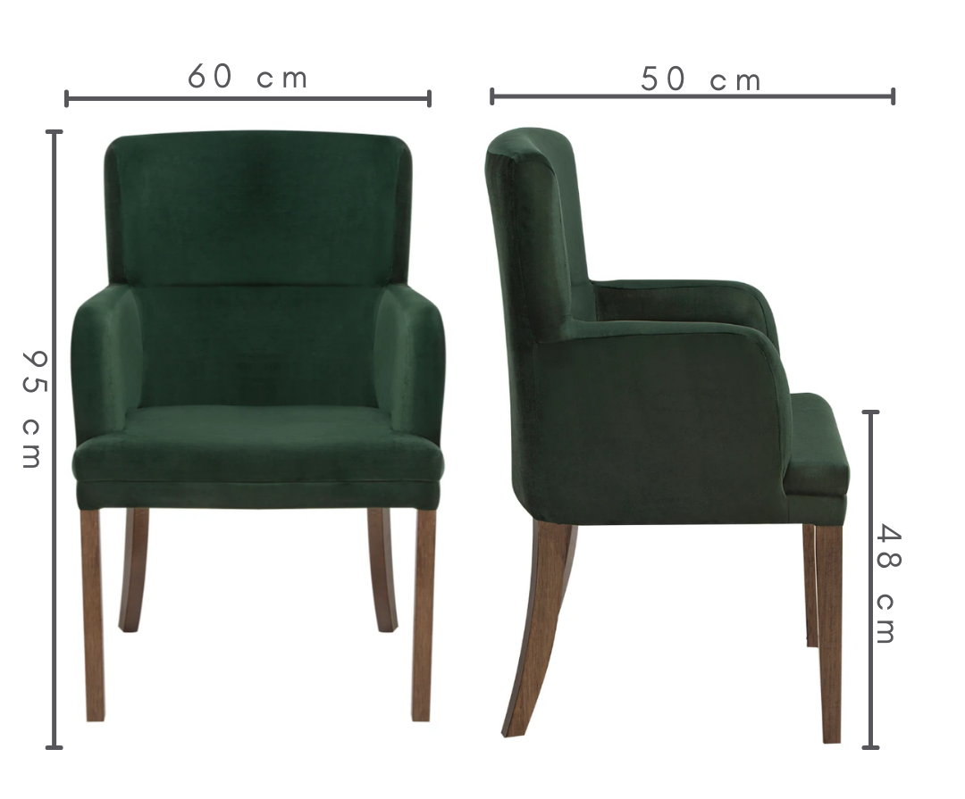 Poltrona Isa Pés Castanho e Tecido Veludo Verde, medidas: Altura total=95 cm Altura entre chão e assento= 48 cm C=60 cm L=50 cm