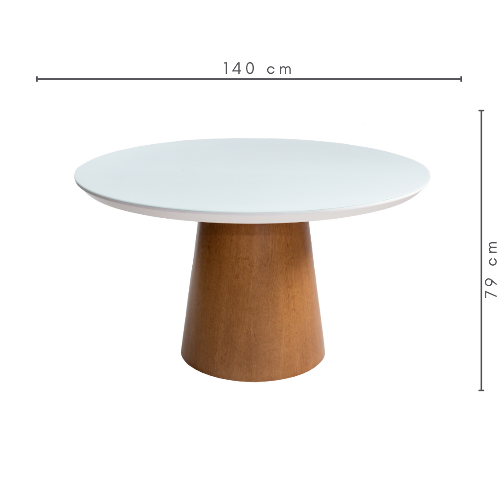 Mesa de Jantar Redonda Nice Base Cone Amêndoa e Tampo Branco 140 cm, medidas A=79 cm C= 140 cm