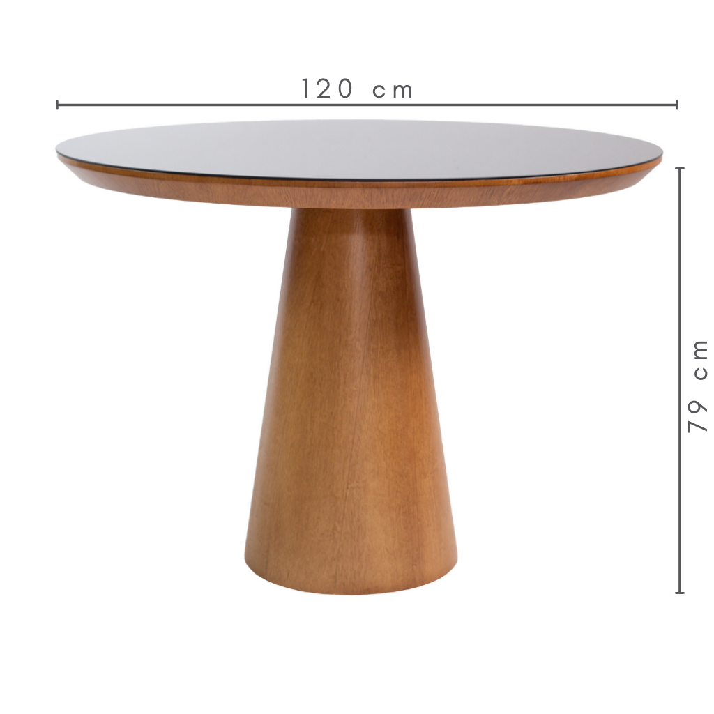 Mesa de Jantar Redonda Gabriela Cone Amêndoa Tampo Amêndoa e Vidro Sobreposto Preto 120 cm
