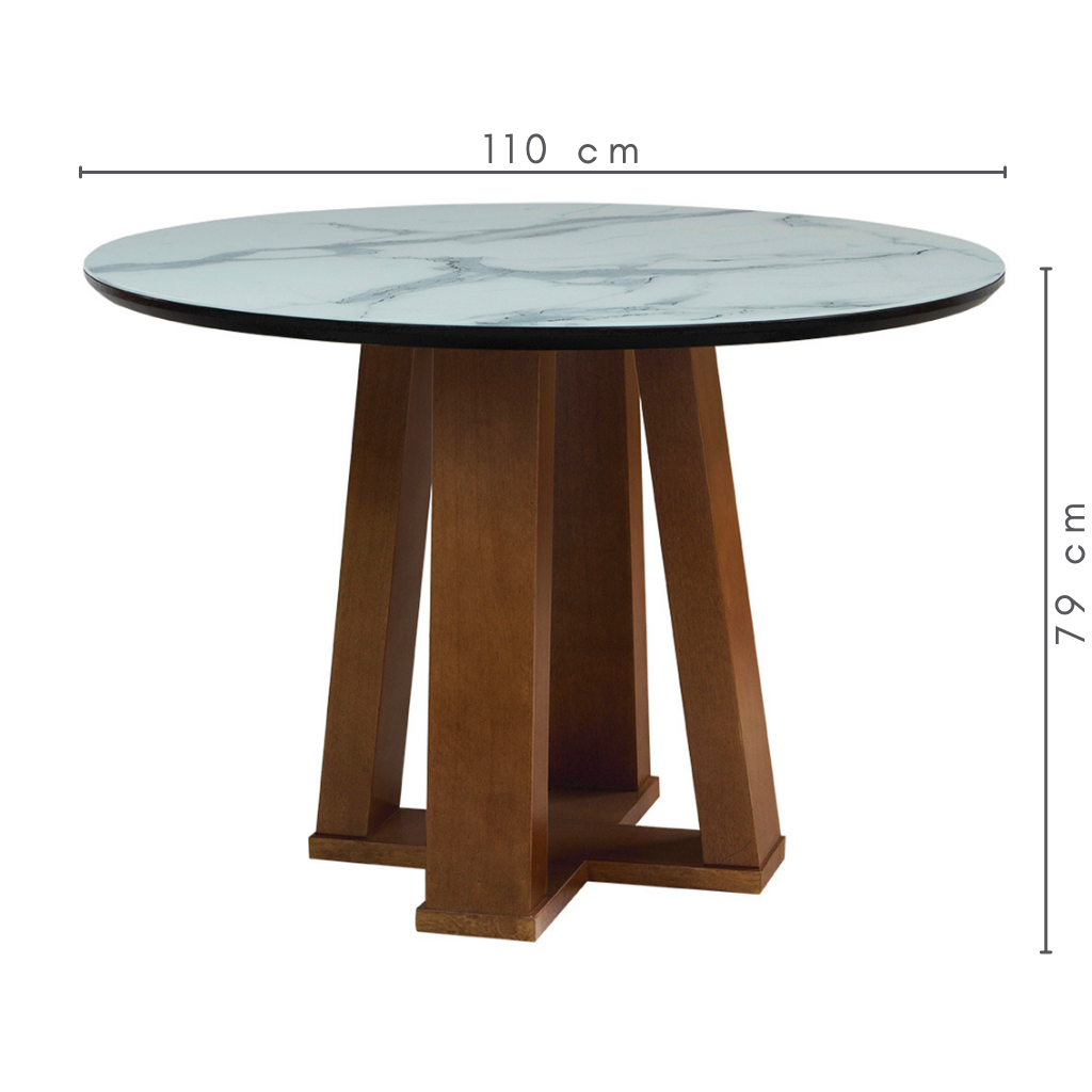 Mesa de Jantar Redonda Hana Base X Amêndoa e Tampo Preto Com Vidro Branco Marmorizado Sobreposto 110 cm