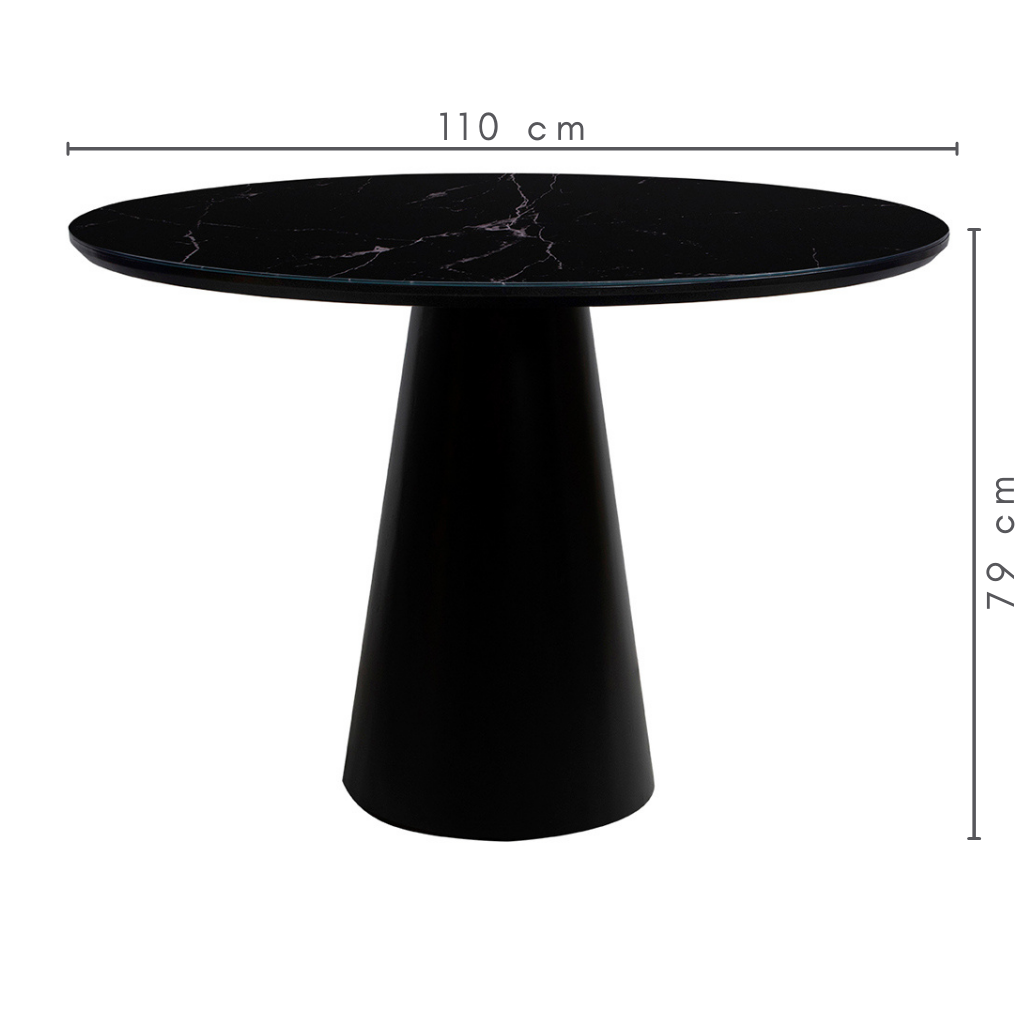 Mesa de Jantar Redonda Iolanda Base e Tampo Preto Com Vidro Preto Marmorizado Sobreposto 110 cm