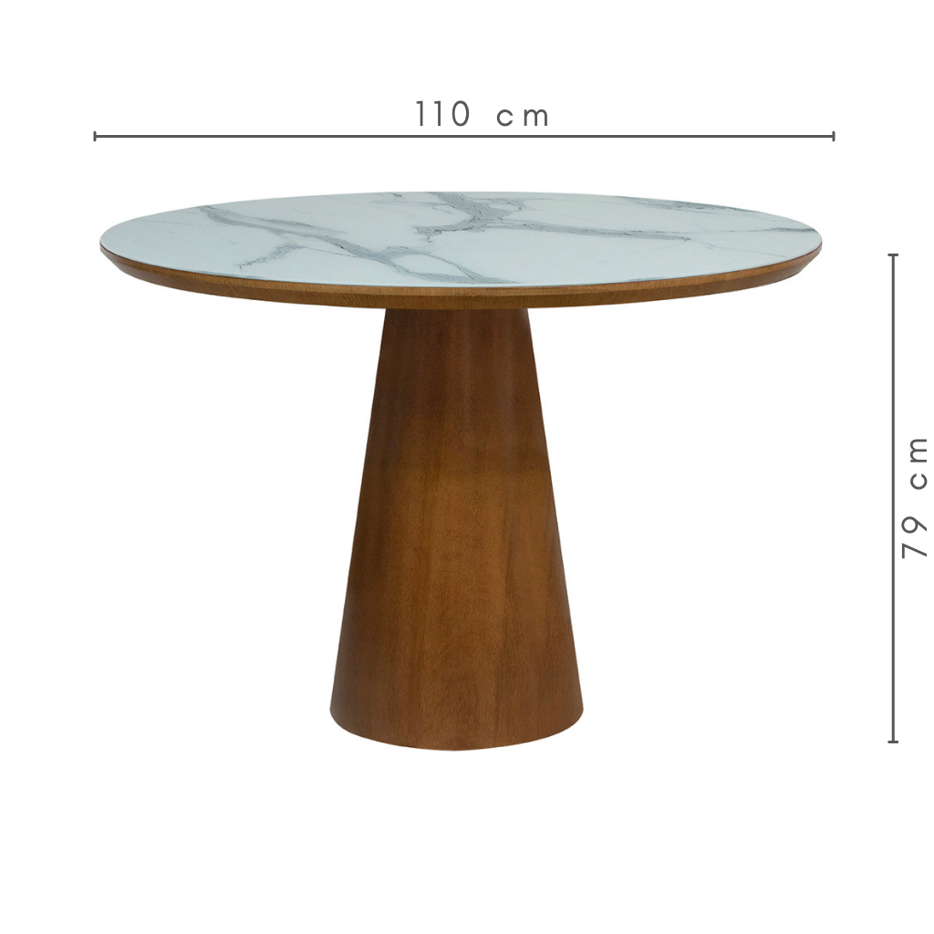 Mesa de Jantar Redonda Laura Base e Tampo Amêndoa Com Vidro Branco Marmorizado Sobreposto 110 cm, medidas: A=79 cm C=110 cm L=110 cm