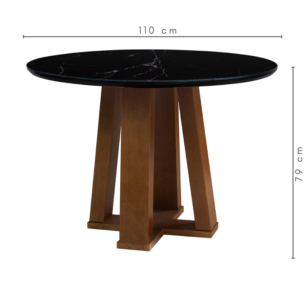 Mesa de Jantar Redonda Lena Base X Amêndoa e Tampo Preto Com Vidro Preto Marmorizado Sobreposto 110 cm