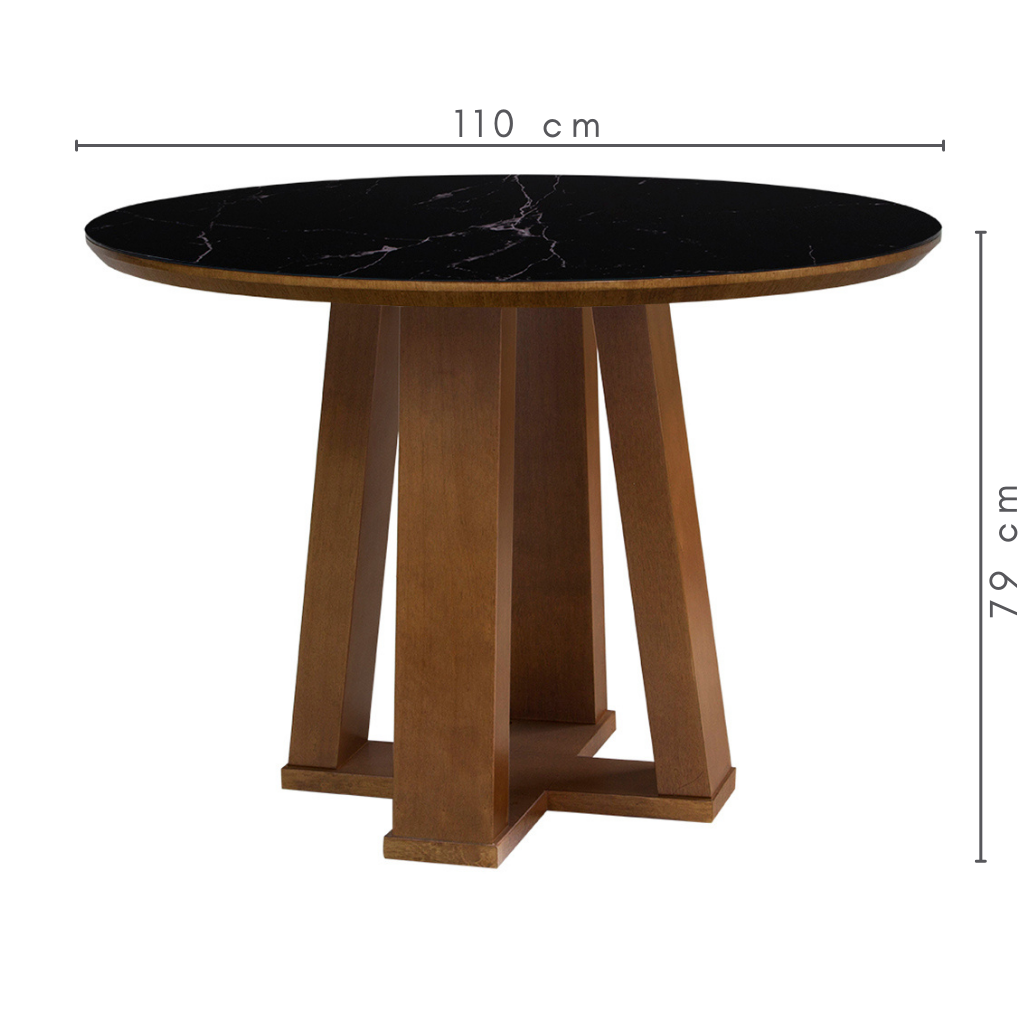 Mesa de Jantar Redonda Madalena Base X Amêndoa e Tampo Amêndoa Com Vidro Preto Marmorizado Sobreposto 110 cm