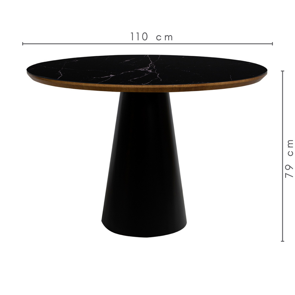 Mesa de Jantar Redonda Maia Base Preta Tampo Amêndoa Com Vidro Preto Marmorizado Sobreposto 110 cm