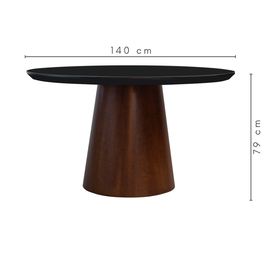 Mesa de Jantar Redonda Marina Cone Castanho Tampo Preto e Vidro Sobreposto Preto 140 cm