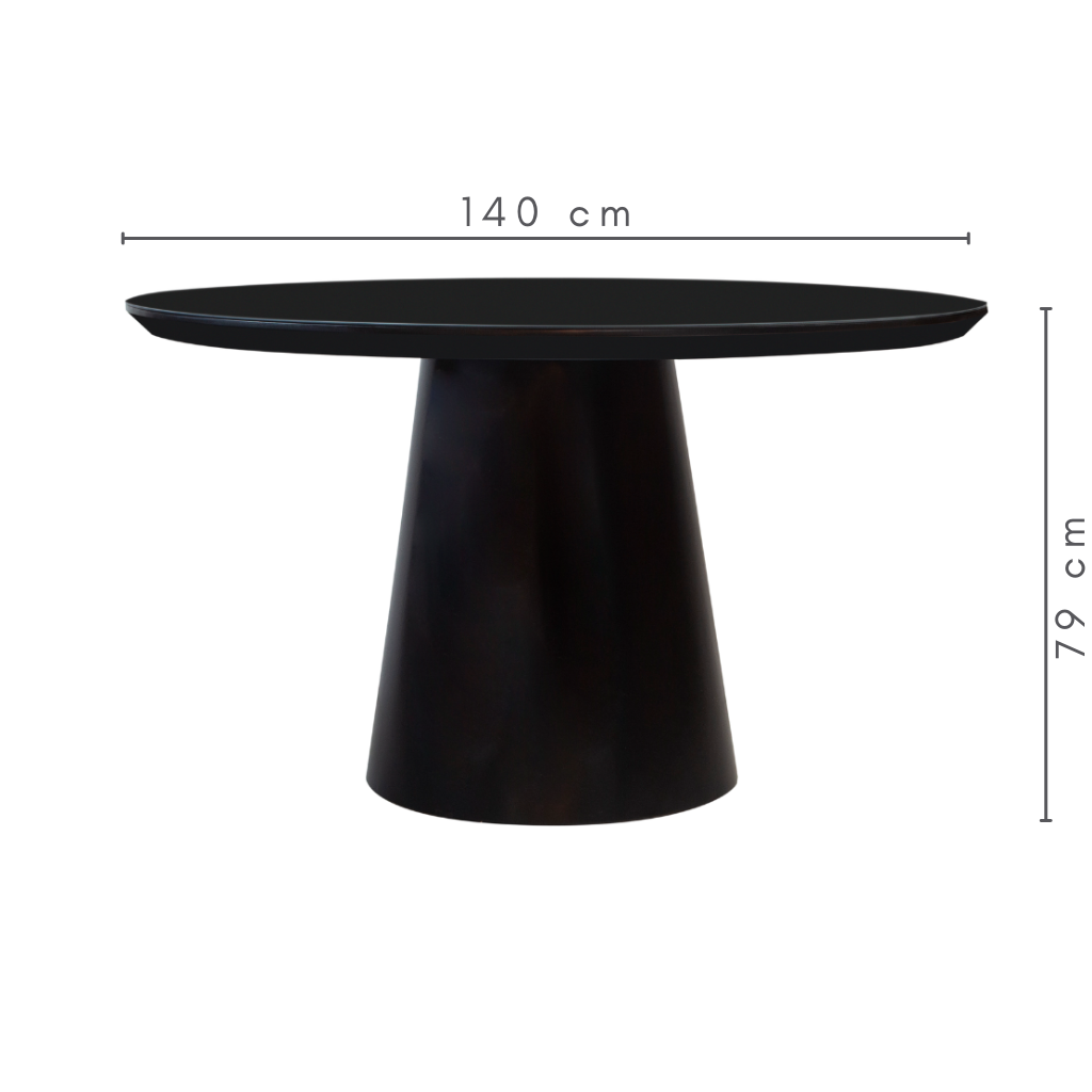 Mesa de Jantar Redonda Rafaela Cone Preto Tampo Preto e Vidro Sobreposto Preto 140 cm, A=79 cm C=140 cm L=140 cm