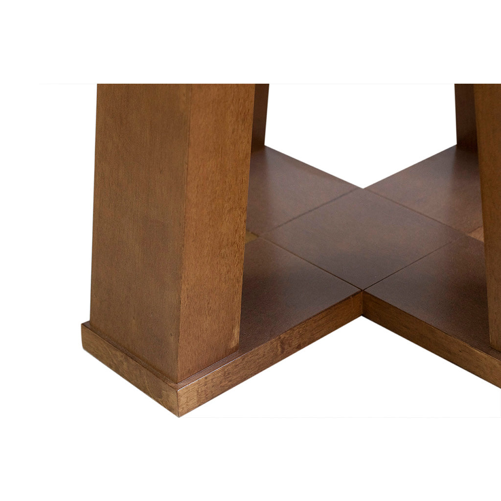 Mesa de jantar redonda adelia base x amêndoa e tampo fendi com vidro sobreposto 110 cm destacando os pés