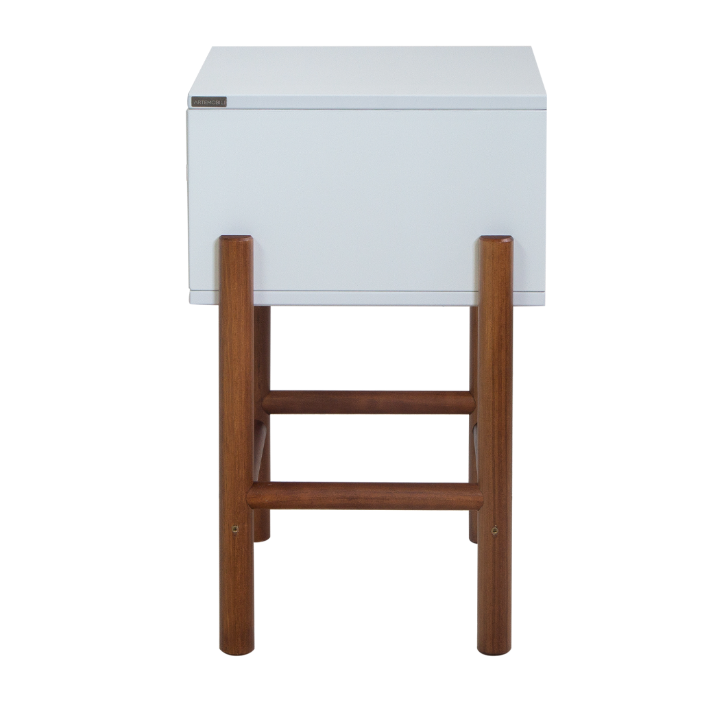 Mesa de cabeceira ring com gaveta, cor laca branca e com garapa natural, visto de lado