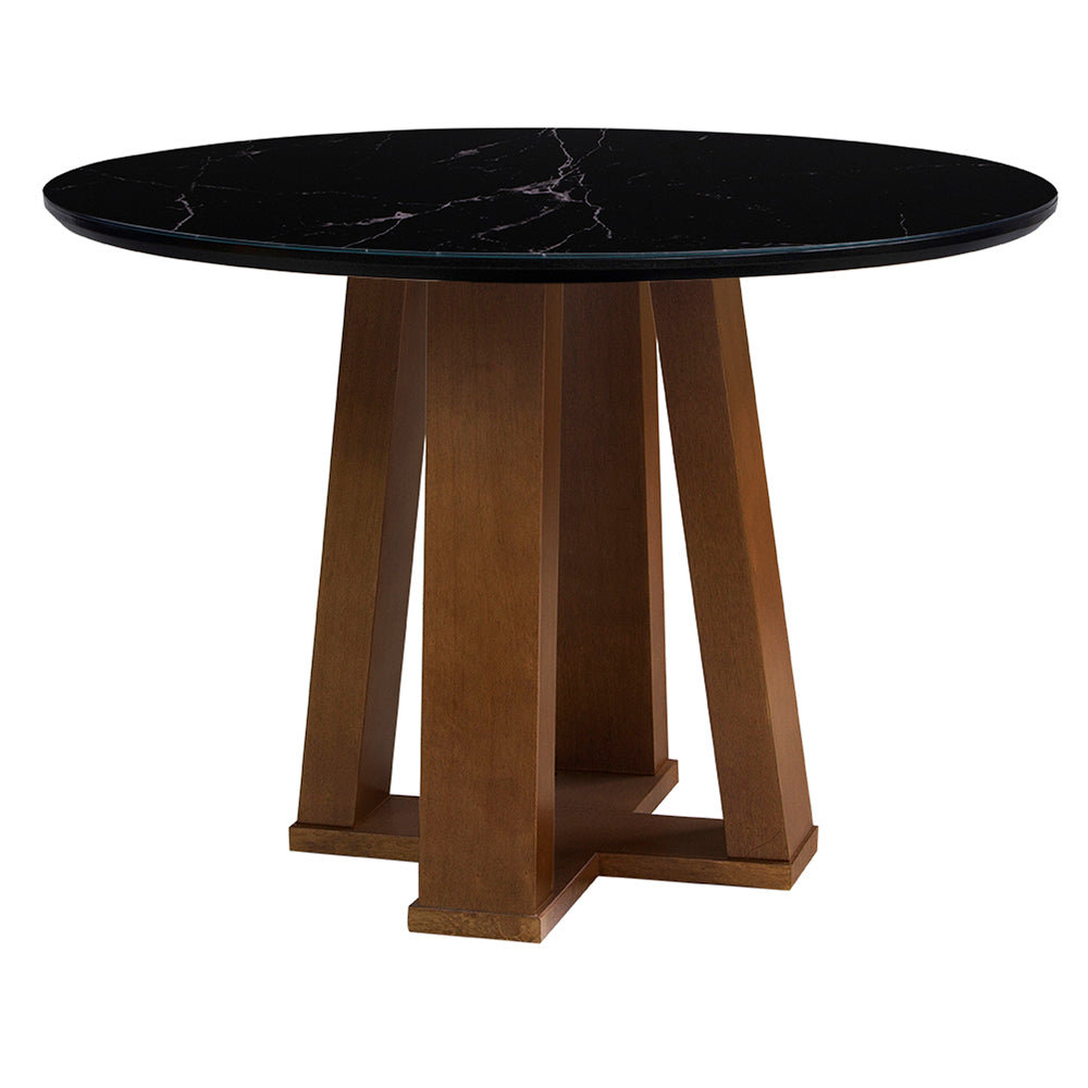 Mesa de Jantar Redonda Lena Base X Amêndoa e Tampo Preto Com Vidro Preto Marmorizado Sobreposto 110 cm, visto de lado