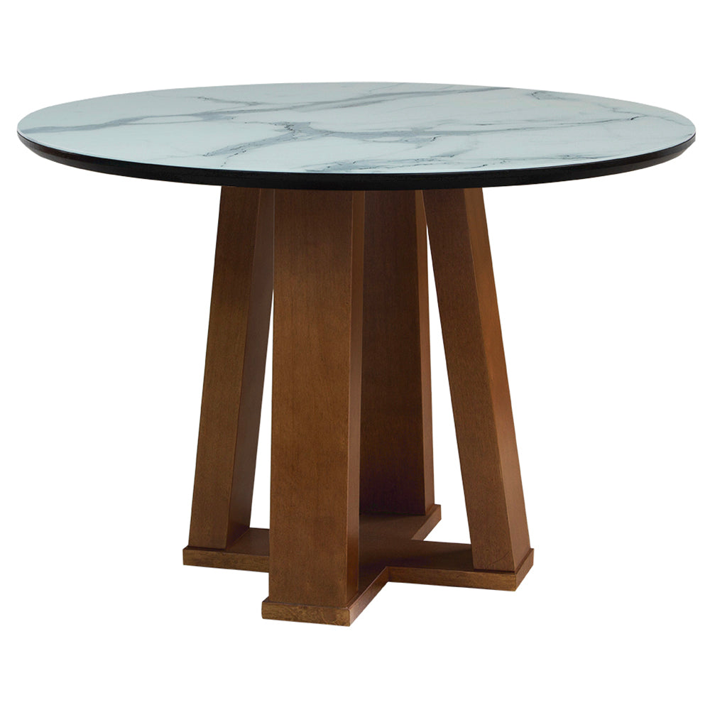 mesa de jantar redonda hana base x amêndoa e tampo preto com vidro branco marmorizado sobreposto 110 cm, visto de frente