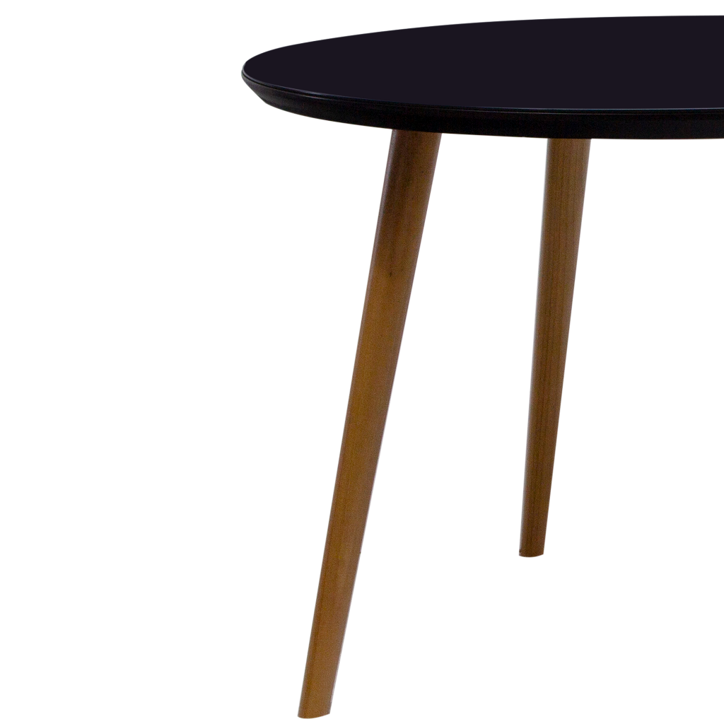mesa de jantar redonda Aurea, pés palito amêndoa tampo preto com vidro preto sobreposto 120 cm, destacando a borda